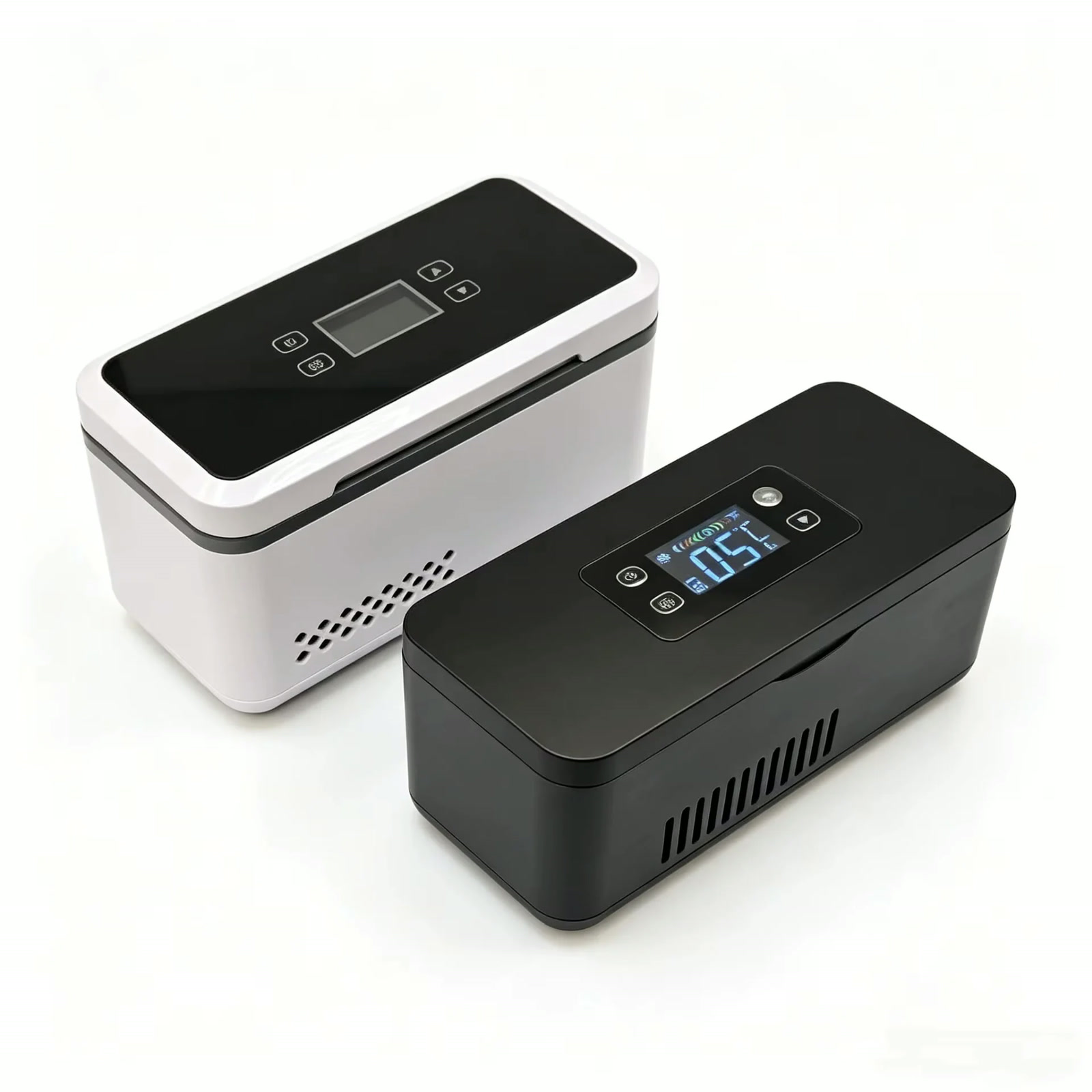 PepCool peptide fridges in white and black, the black unit displaying 05 °C